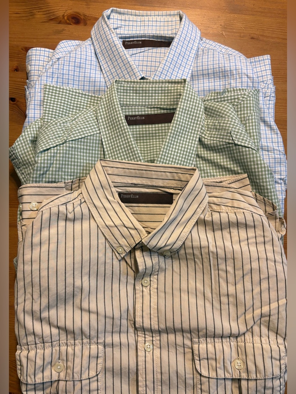 Perry Ellis Men’s Dress Shirts Bundle 3 Long Sleeve Cotton M/L Plaid Stripe